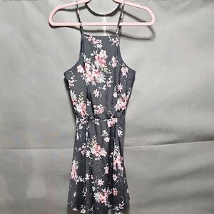 Hollister Charcoal Floral Halter Mini Dress with Pink Blossoms